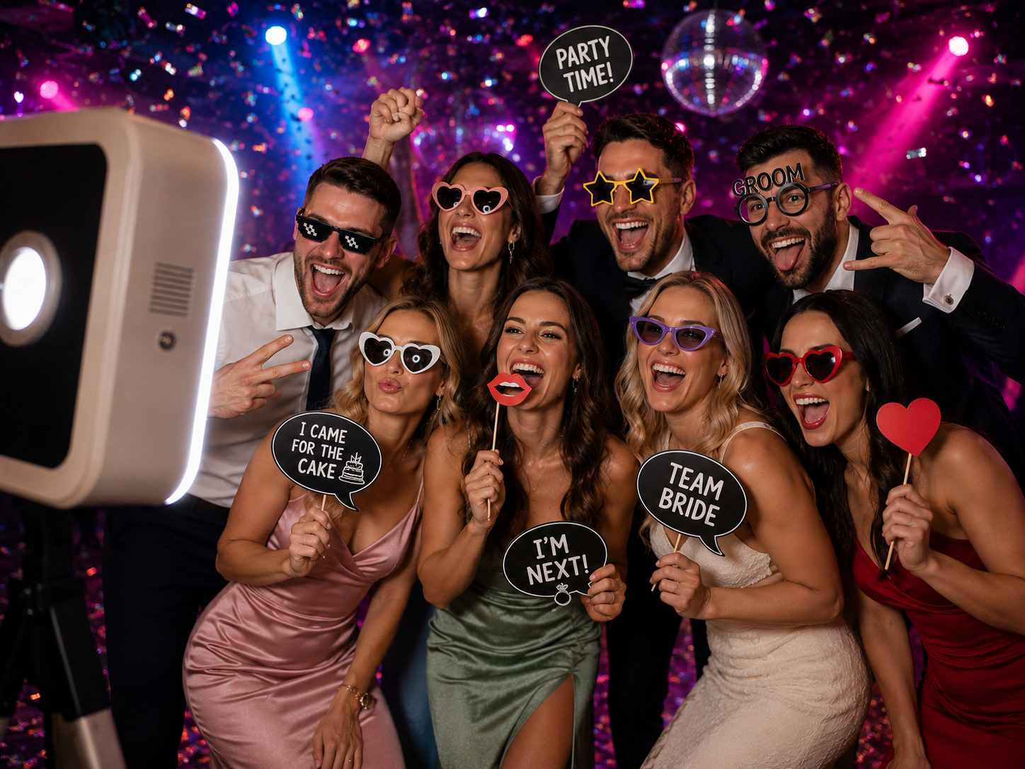 Veseli gostje pred photoboothom